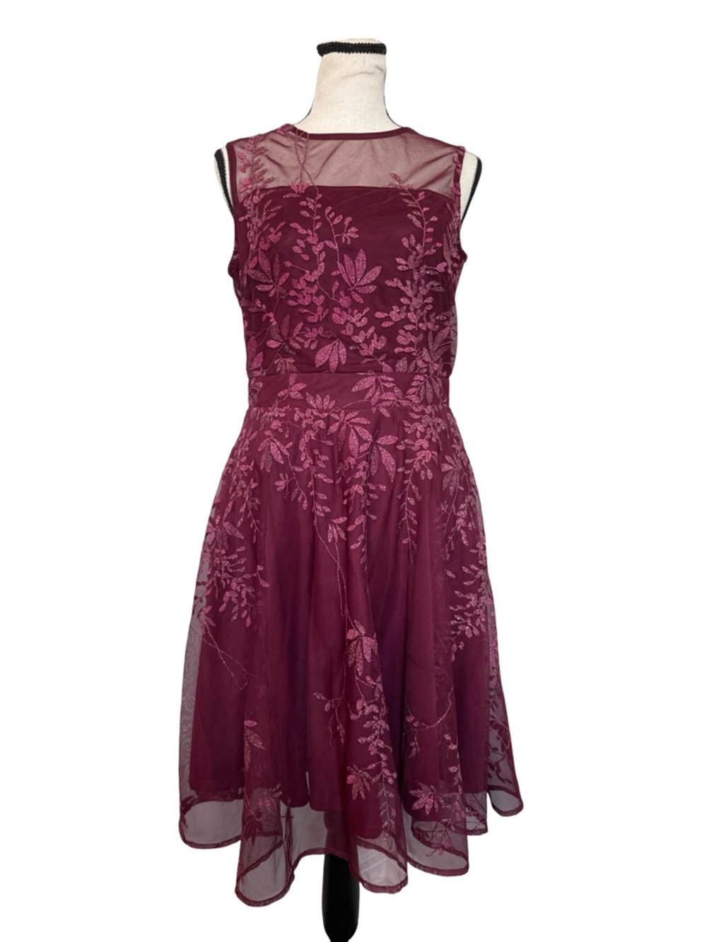 J Taylor Size 6 Burgundy Embroidered Dress Mesh Fit Flare Cocktail Wedding Guest